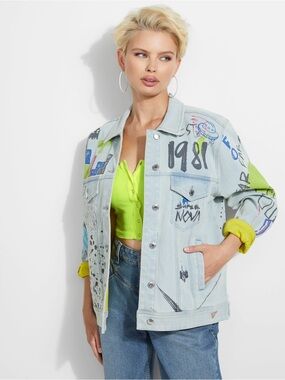RARE GUESS Y2K Astronaut Graffiti Denim Jacket
